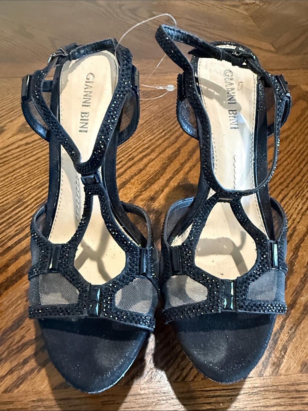 Gianni Bini Black Mesh & Rhinestone T-Strap Heels